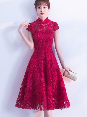 Burgundy Lace Fit & Flare Cheongsam / Qipao Prom Dress