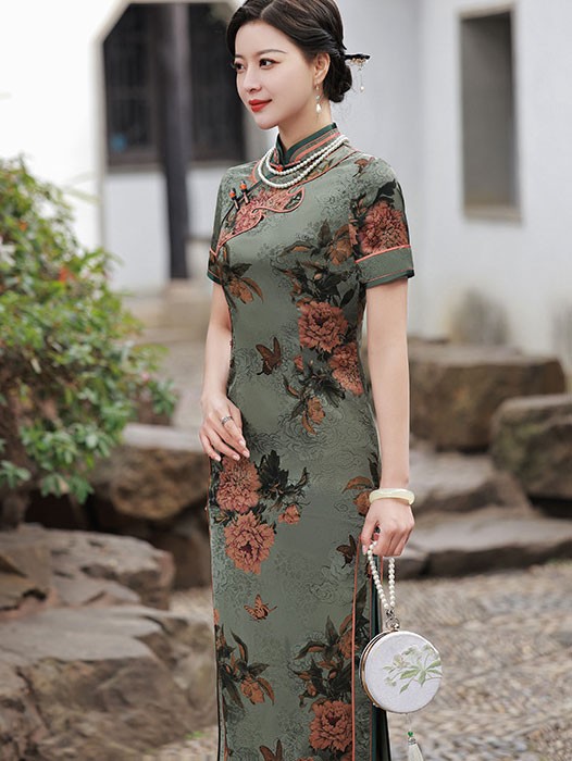 2022 Green Blossom Print Qipao / Cheongsam Dress