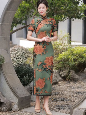 Green Blossom Print Maxi Qipao / Cheongsam Dress