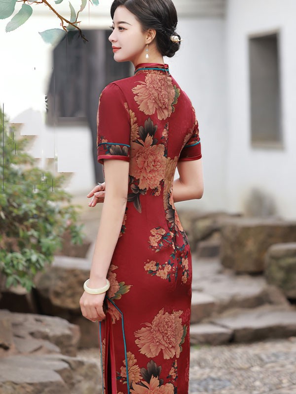 Red Blossom Print Bridal Mother Qipao / Cheongsam Dress