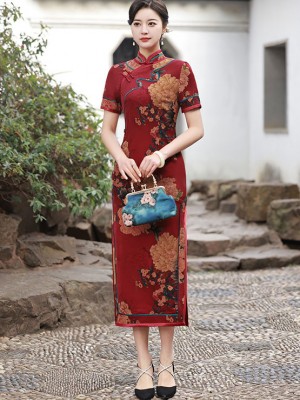 Red Blossom Print Bridal Mother Qipao / Cheongsam Dress