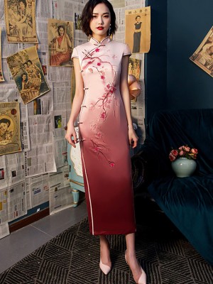 Pink Plum Blossom Print Maxi Cheongsam / Qipao Dress