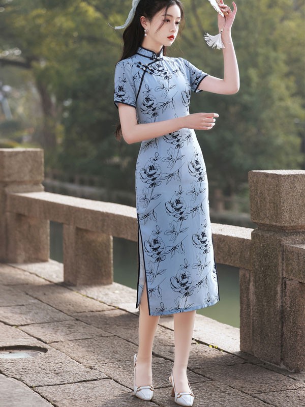 Blue Rose Print Midi Tea Cheongsam / Qipao Dress