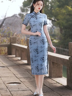 Blue Rose Print Midi Tea Cheongsam / Qipao Dress