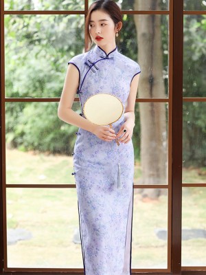 Light Purple Floral Maxi Cheongsam / Qipao Dress