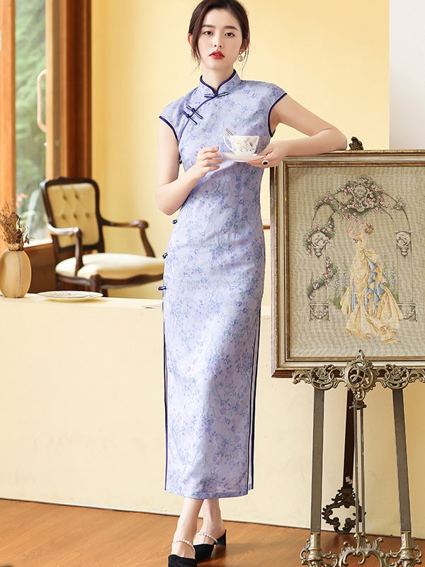 Light Purple Floral Maxi Cheongsam / Qipao Dress