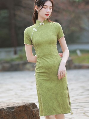 2022 Green Jacquard Linen Qipao / Cheongsam Dress