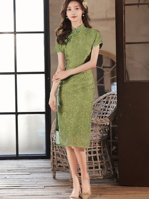 2022 Green Jacquard Midi Cheongsam / Qipao Dress