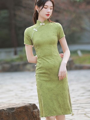 2026 Green Jacquard Linen Qipao / Cheongsam Dress