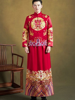 Red Embroidered Men's Dragon Wedding Tang Suit, Jacket & Skirt