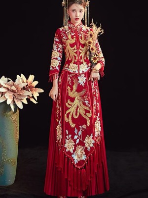 Red Shimmering Embroidered Phoenix Wedding Qun Kwa