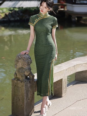 Olive Green Lace Maxi Cheongsam / Qipao Dress
