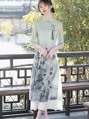 White Green Bamboo Print  A-Line Qipao / Cheongsam Dress