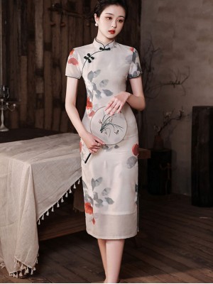 2022 Summer Rose Print Mid Cheongsam / Qipao Dress
