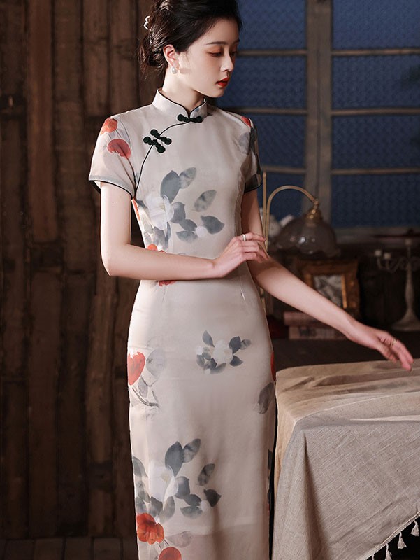 2022 Summer Rose Print Mid Cheongsam / Qipao Dress