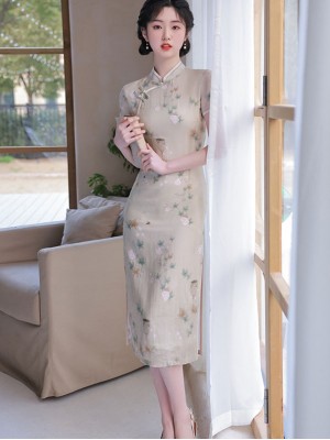Beige Floral Linen Tea Cheongsam / Qipao Dress