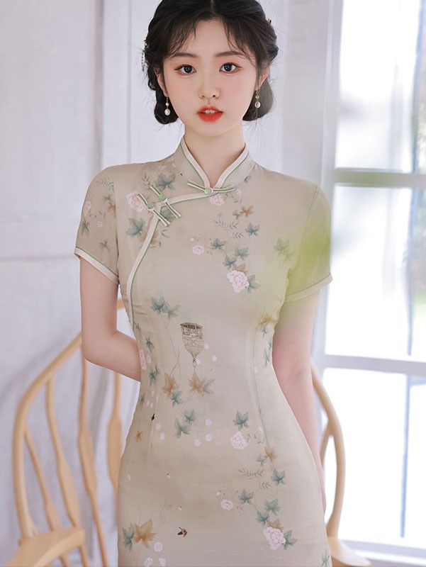 Beige Floral Linen Tea Cheongsam / Qipao Dress