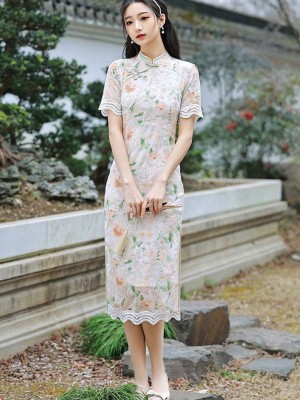 Embroidered Floral Chiffon Tea Cheongsam / Qipao Dress