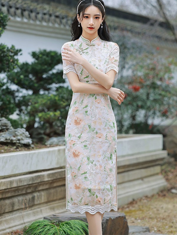 Embroidered Floral Chiffon Tea Cheongsam / Qipao Dress