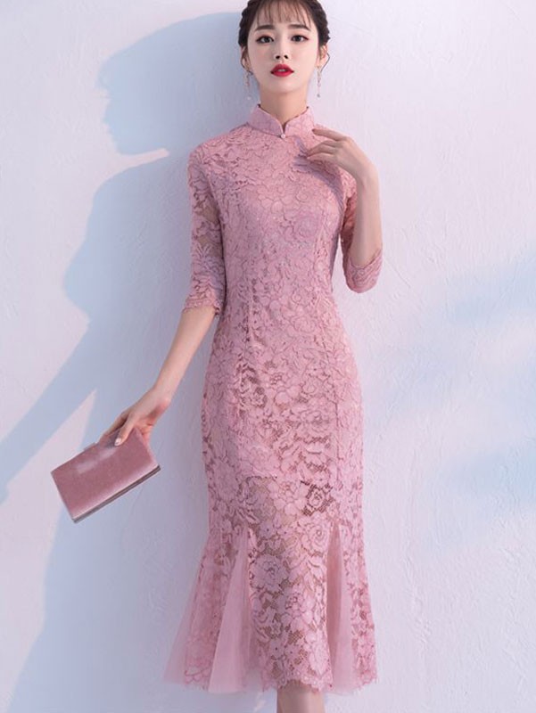 Pink Lace Fishtail Tea Cheongsam / Qipao Dress