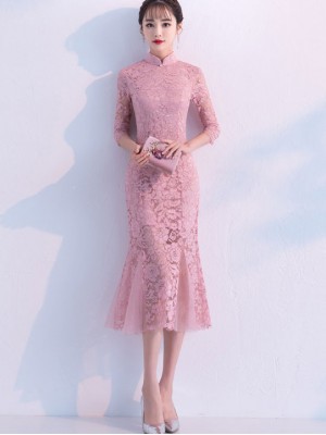 Pink Lace Fishtail Tea Cheongsam / Qipao Dress