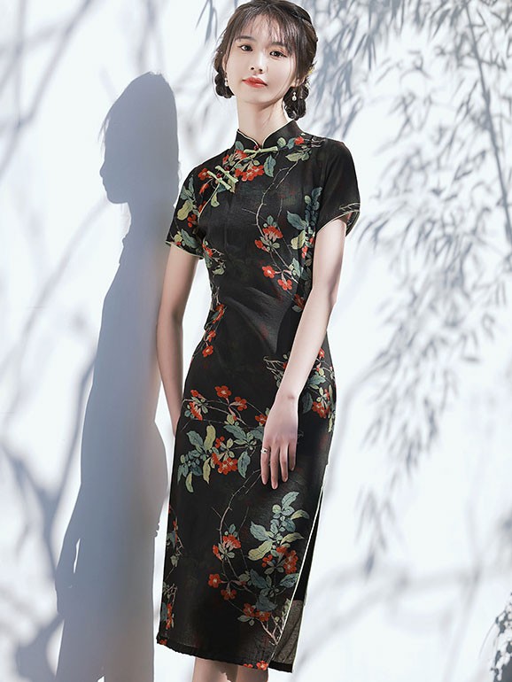 Black Floral Mid Cheongsam / Qipao Dress