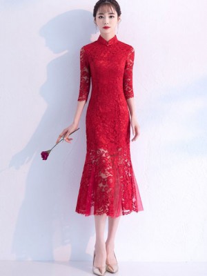 Burgundy Black Lace Fishtail Tea Cheongsam / Qipao Dress