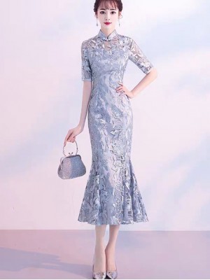 Gray Burgundy Lace Fishtail Tea Cheongsam / Qipao Dress
