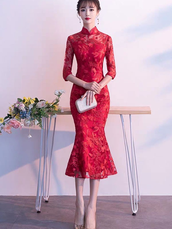 Gray Burgundy Lace Fishtail Tea Cheongsam / Qipao Dress