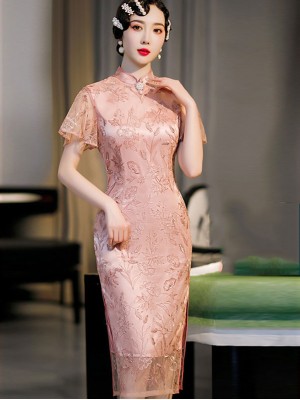 2022 Pink Lace Flutter Sleeve Qipao / Cheongsam Dress