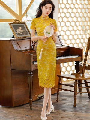 Beige Yellow Floral Lace Mid Cheongsam / Qipao Dress