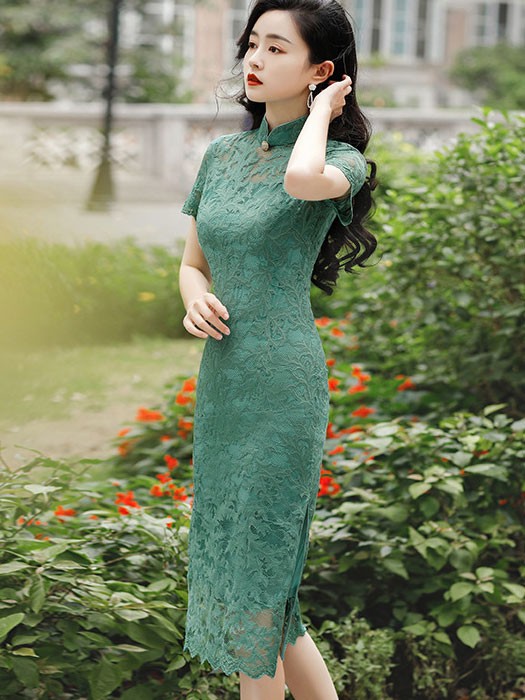 Green Floral Lace Mid Cheongsam / Qipao Dress