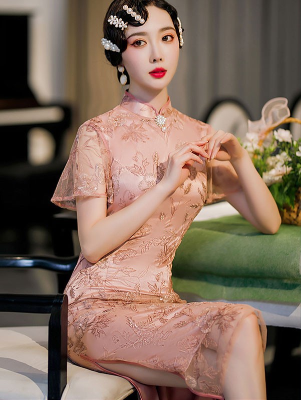 Mother's Pink Lace Flutter Sleeve Qipao / Cheongsam Dress