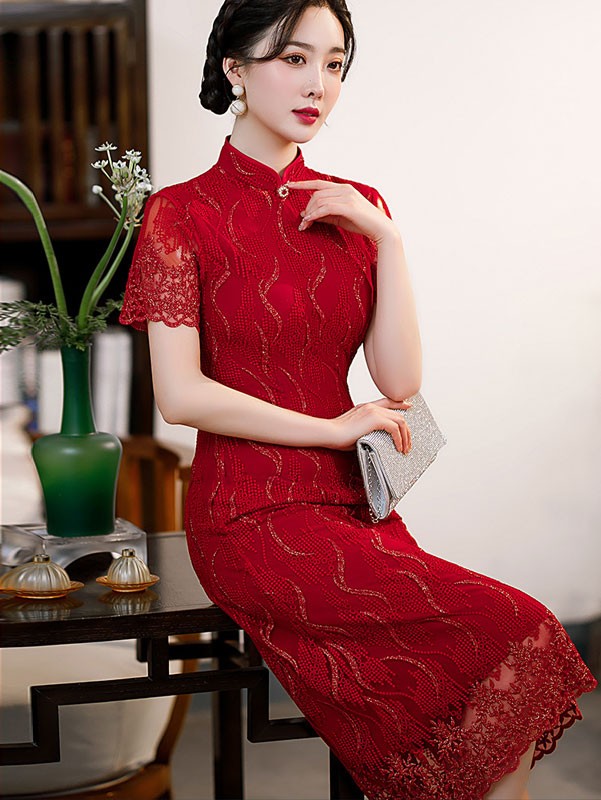 Red Bridal Mother's A-Line Qipao / Cheongsam Dress