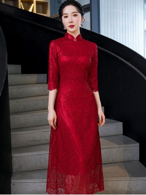 Red Bridal Mother's Sequined A-Line Qipao / Cheongsam Dress