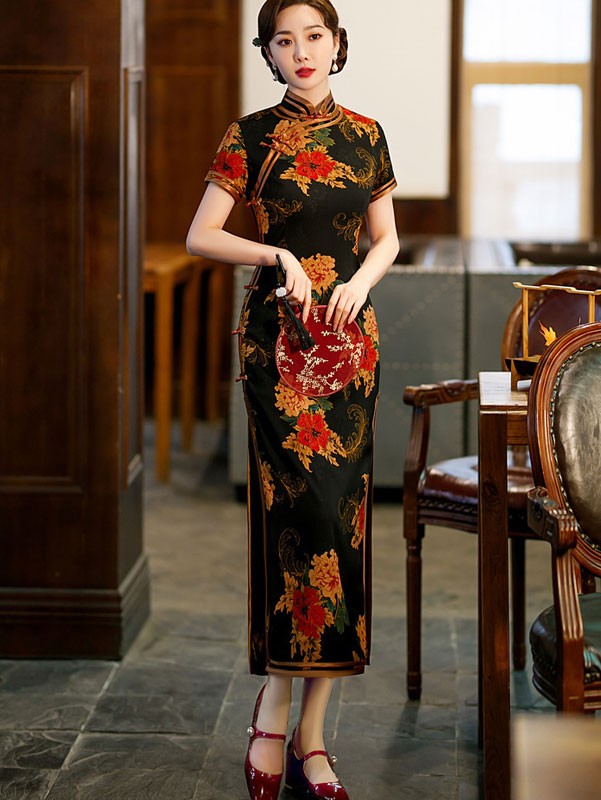 Black Red Mothers Floral Maxi Qipao / Cheongsam Dress