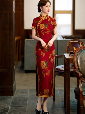 Black Red Mothers Floral Maxi Qipao / Cheongsam Dress