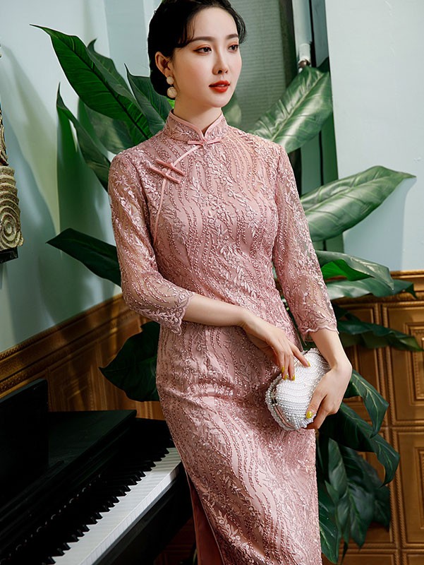 Bridal Mother's Pink Lace Tea Qipao / Cheongsam Dress