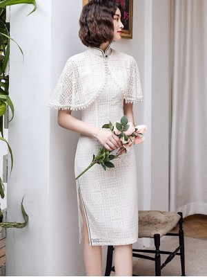 White Lace Mid Qipao / Cheongsam Dress with Shawl