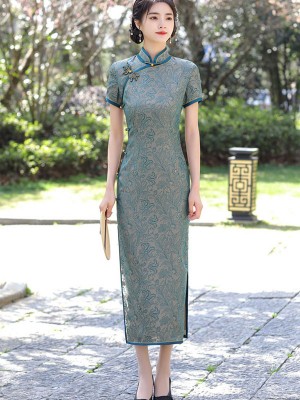 2022 Blue Jacquard Maxi Qipao / Cheongsam Dress