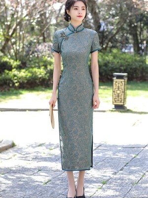 2026 Blue Jacquard Maxi Qipao / Cheongsam Dress