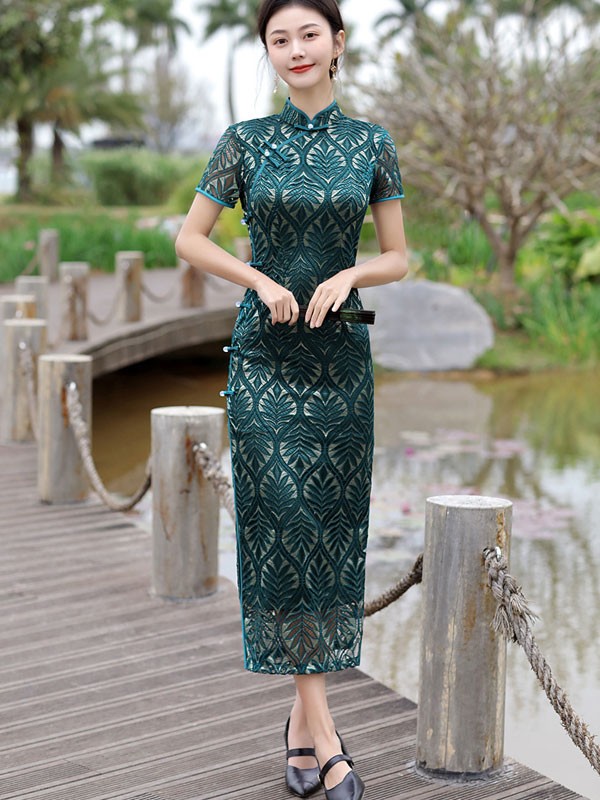 Green Purple Mothers Lace Maxi Qipao / Cheongsam Dress