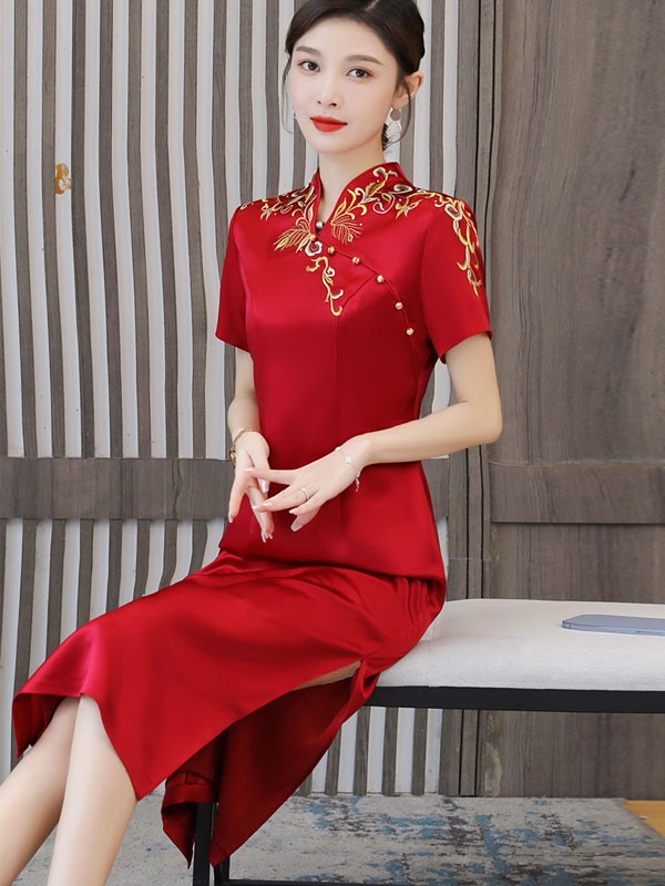 Red Bridal Mothers Embroidered Tea Qipao / Cheongsam Dress