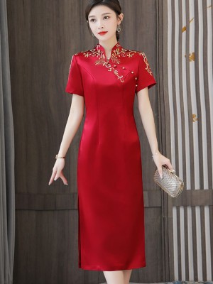 Red Bridal Mothers Embroidered Tea Qipao / Cheongsam Dress