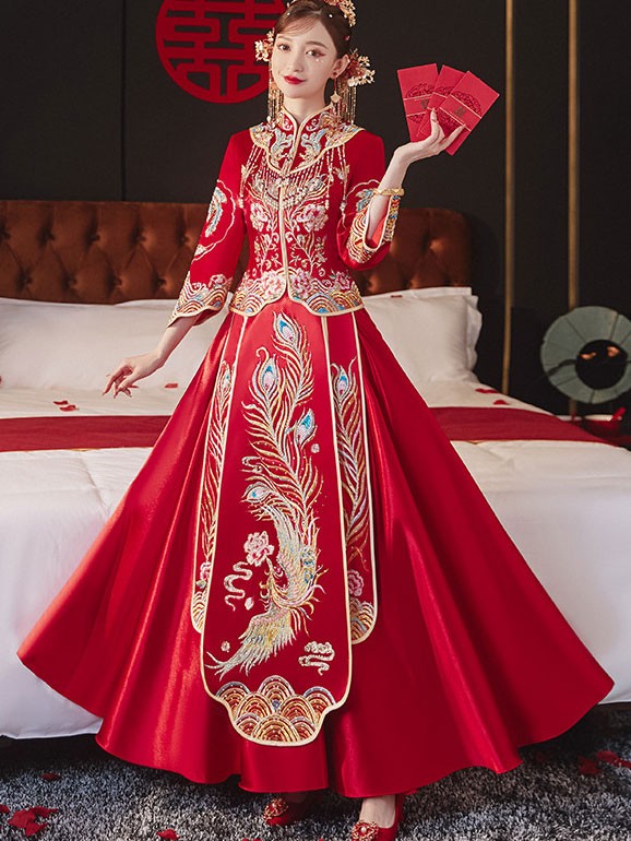 2022 Embroidered Phoenix Wedding Qun Kwa with Full Maxi Skirt