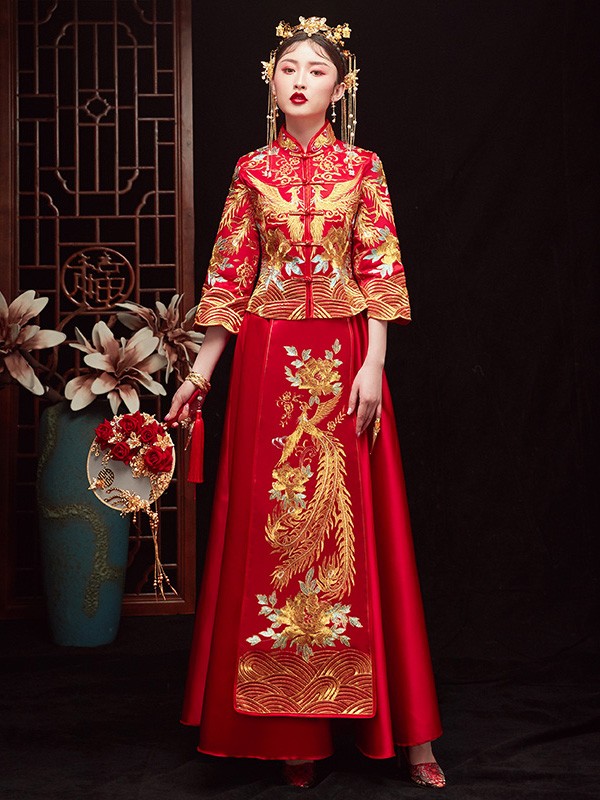 Red Embroidered Phoenix Chinese Wedding Qun Kwa