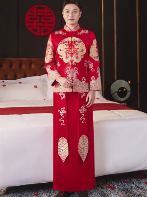 Embroidered Dragon Men's Wedding Qun Kwa, Jacket & Skirt