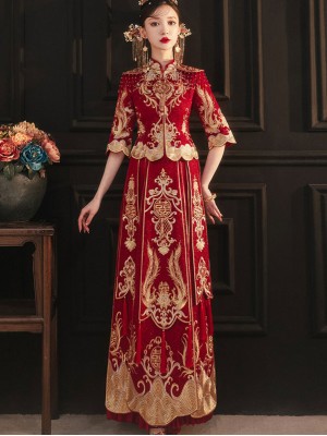 Summer Embroidered Phoenix Chinese Wedding Qun Kwa with Pleated Skirt