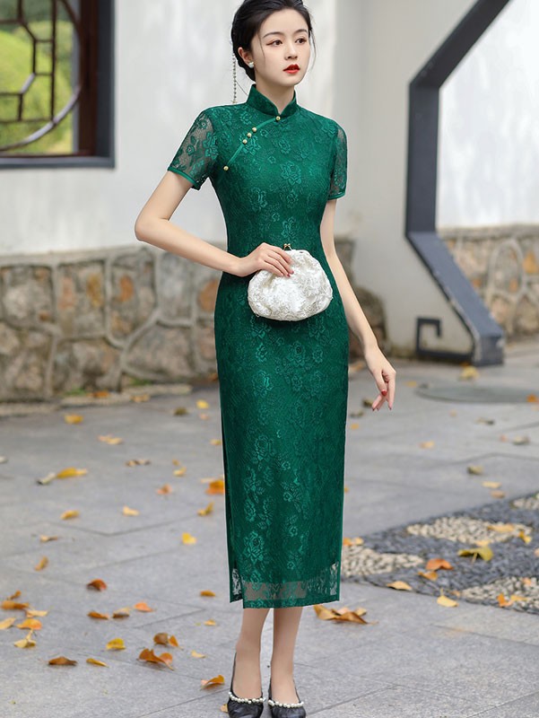 2021 Green Blue Lace Maxi Cheongsam / Qipao Dress