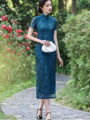 2022 Green Blue Lace Maxi Cheongsam / Qipao Dress